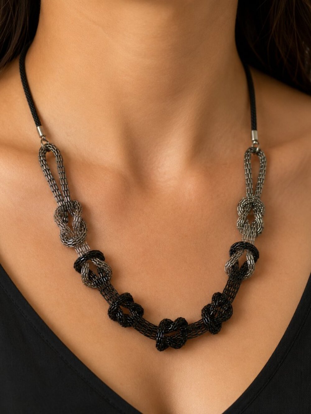 Necklace Handmade Black & Silver Knotted Rope Casual Business 26" Length